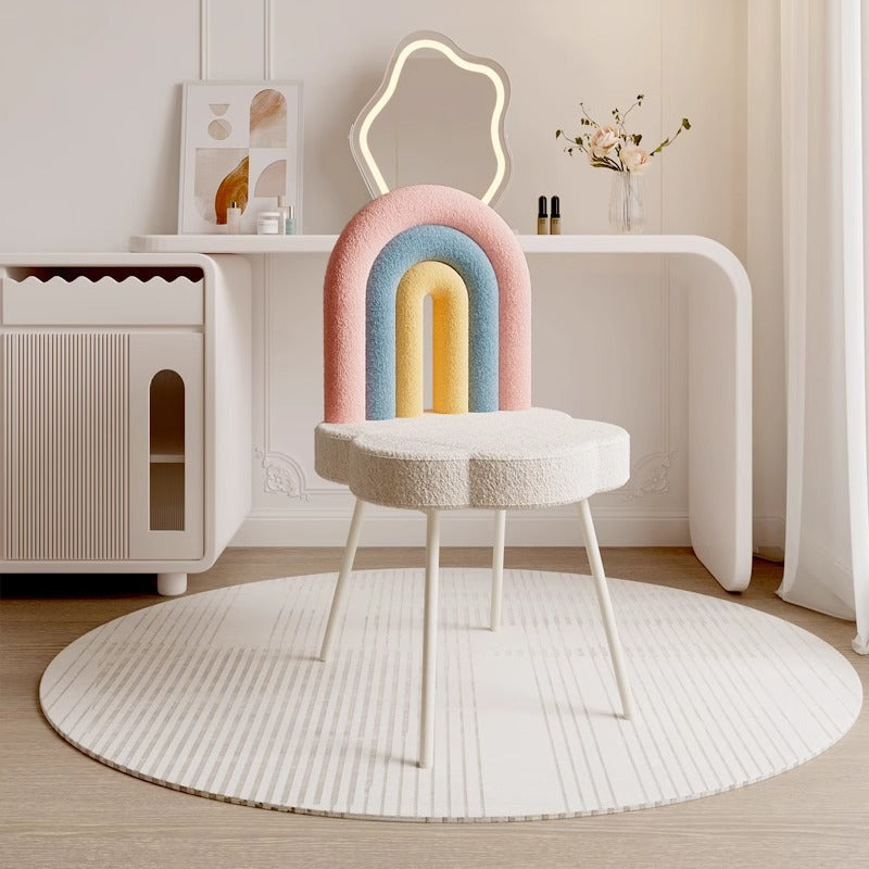 Contemporary Rainbow Lambswool Iron Vanity Stool with Backrest – Armless Bedroom Chair