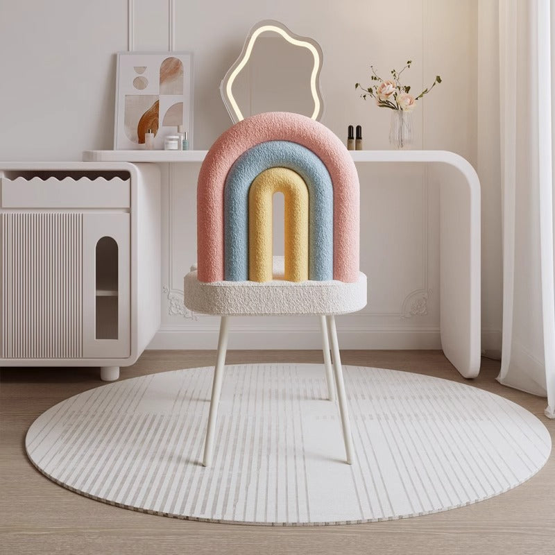 Contemporary Rainbow Lambswool Iron Vanity Stool with Backrest – Armless Bedroom Chair