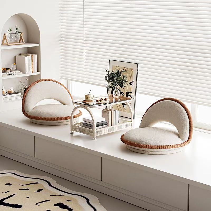 Traditional Japanese Rotatable Semi-Circular Plush Teddy Velvet Armless Chair with Foldable Multi-Layer Board and Tatami Backrest – Ideal Living Room Seating