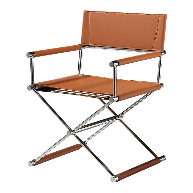 Modern Minimalist Square Cross Faux Saddle Leather Stainless Steel Dining Chair Backrest Armrest For Dining Room