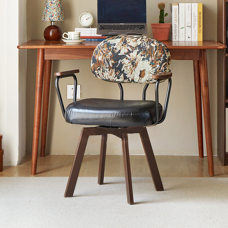 Contemporary Retro Faux Leather Swivel Desk Chair with Carbon Steel Frame, Sunflower Floral Design, Backrest & Armrests – Ideal for Study