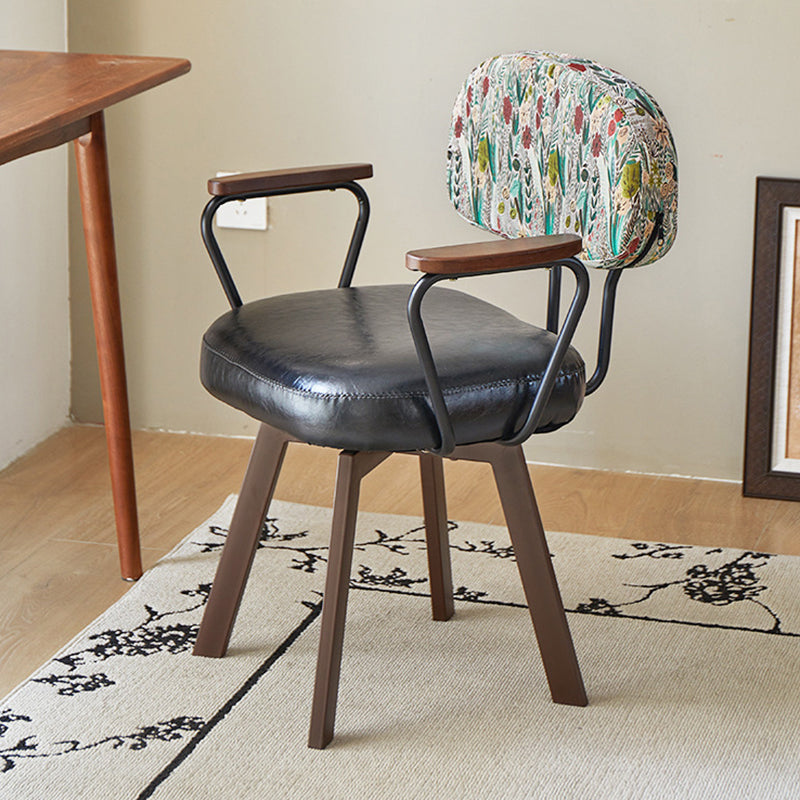 Contemporary Retro Faux Leather Swivel Desk Chair with Carbon Steel Frame, Sunflower Floral Design, Backrest & Armrests – Ideal for Study