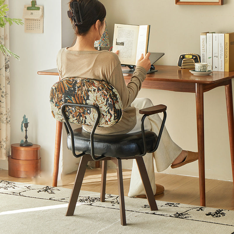 Contemporary Retro Faux Leather Swivel Desk Chair with Carbon Steel Frame, Sunflower Floral Design, Backrest & Armrests – Ideal for Study