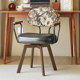 Contemporary Retro Faux Leather Swivel Desk Chair with Carbon Steel Frame, Sunflower Floral Design, Backrest & Armrests – Ideal for Study