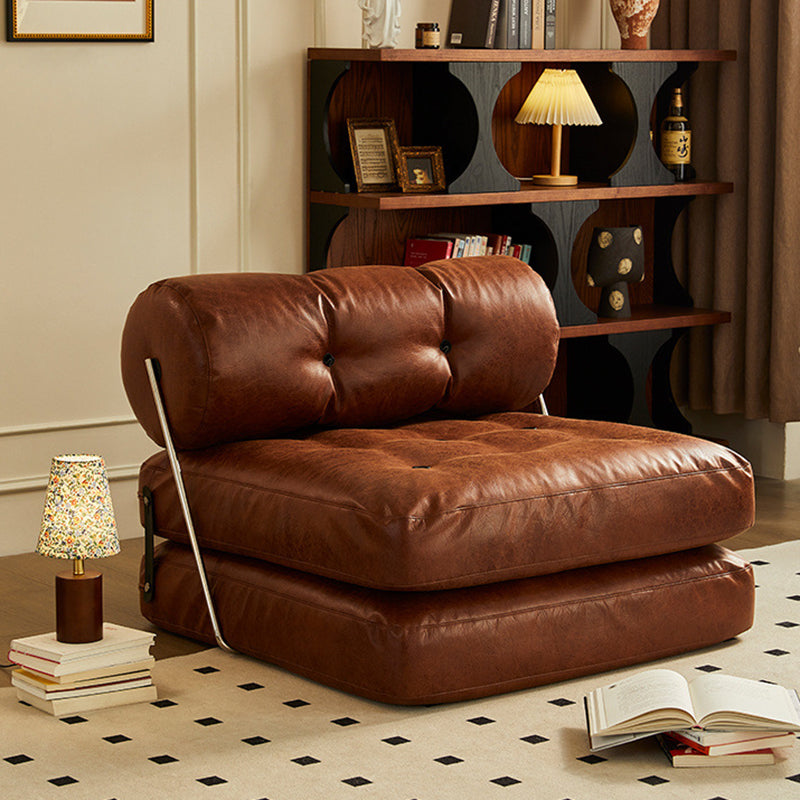 Traditional French Leather Sofa Backrest - Foldable, Oil-Waxed Finish, Iron Frame, Square-Cylinder Design, Armless for Living Room