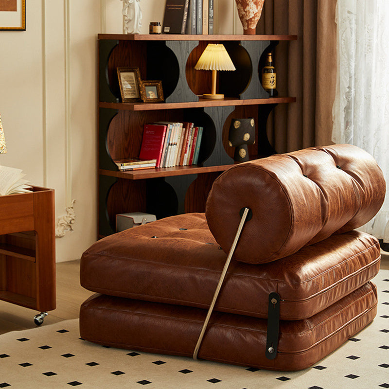 Traditional French Leather Sofa Backrest - Foldable, Oil-Waxed Finish, Iron Frame, Square-Cylinder Design, Armless for Living Room
