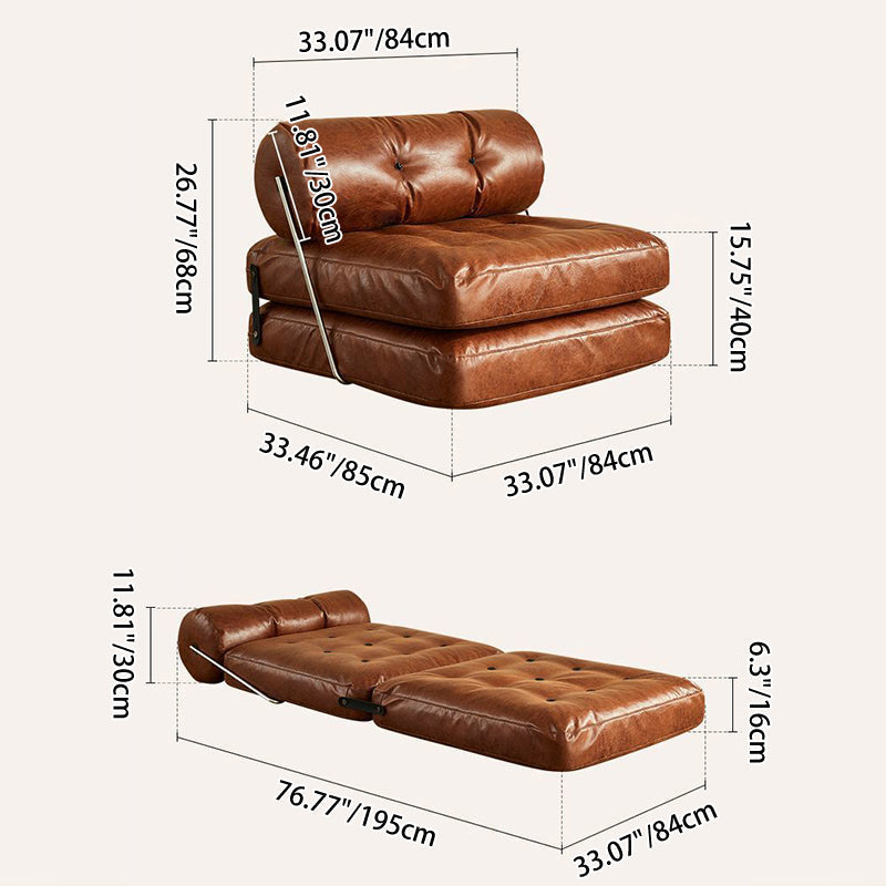 Traditional French Leather Sofa Backrest - Foldable, Oil-Waxed Finish, Iron Frame, Square-Cylinder Design, Armless for Living Room