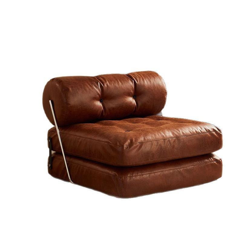 Traditional French Leather Sofa Backrest - Foldable, Oil-Waxed Finish, Iron Frame, Square-Cylinder Design, Armless for Living Room