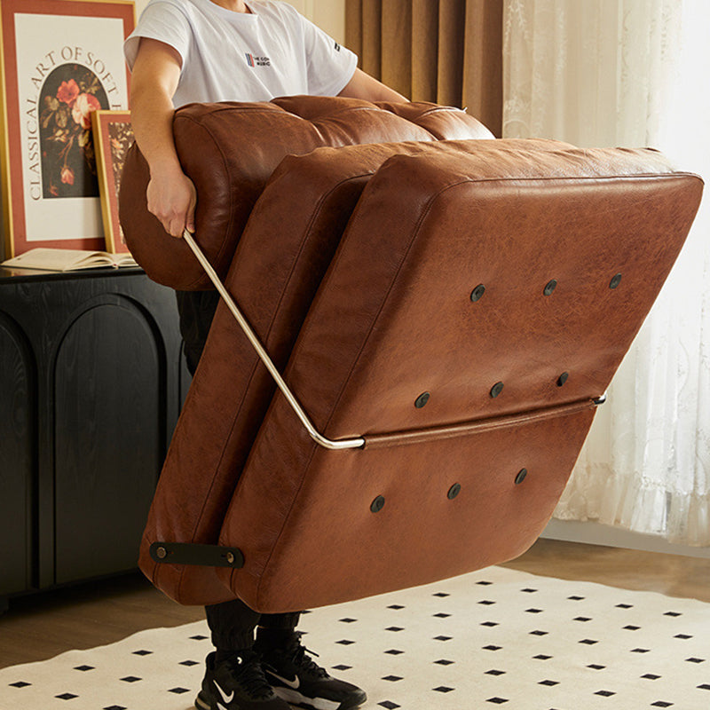 Traditional French Leather Sofa Backrest - Foldable, Oil-Waxed Finish, Iron Frame, Square-Cylinder Design, Armless for Living Room