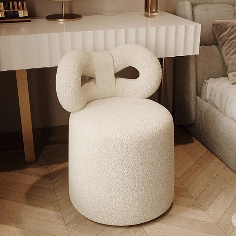 Contemporary Nordic Cream Lambswool Vanity Stool – Solid Wood, Cylinder-Bow Backrest, Bedroom-Ready