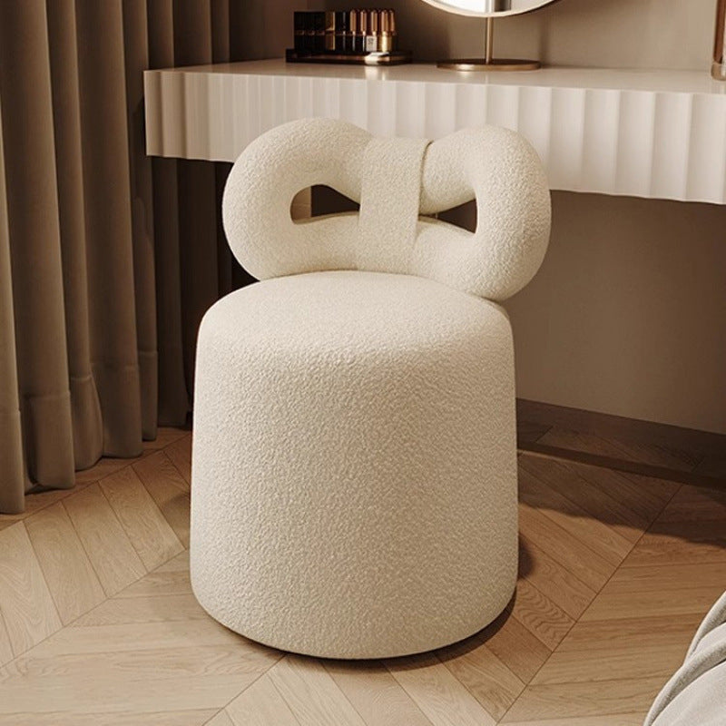 Contemporary Nordic Cream Lambswool Vanity Stool – Solid Wood, Cylinder-Bow Backrest, Bedroom-Ready