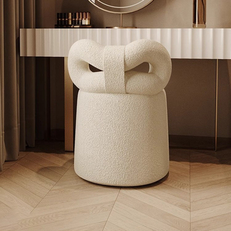 Contemporary Nordic Cream Lambswool Vanity Stool – Solid Wood, Cylinder-Bow Backrest, Bedroom-Ready