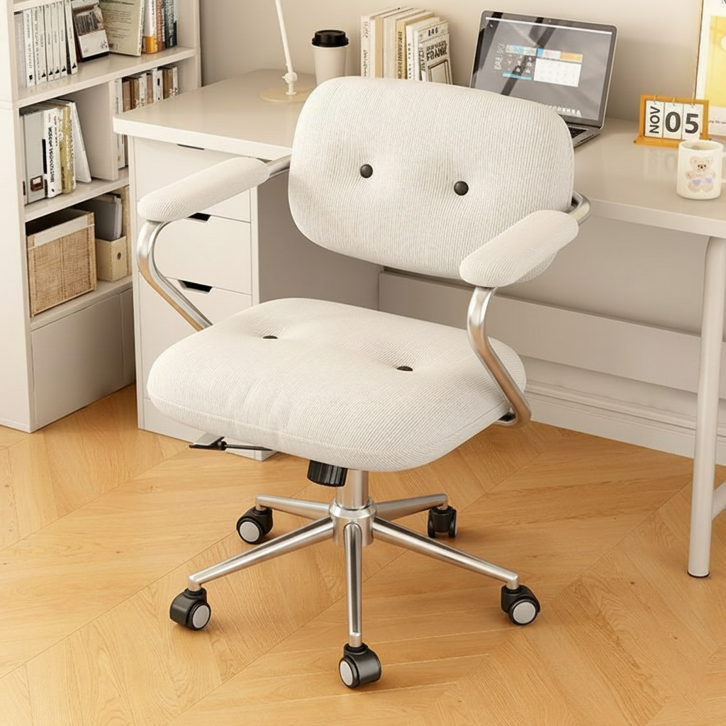 Modern Minimalist Liftable & Adjustable Desk Chair with Foam Cushions, Stainless Steel Frame, Square Corduroy Upholstery, Backrest and Armrests – Movable, Ideal for Bedroom
