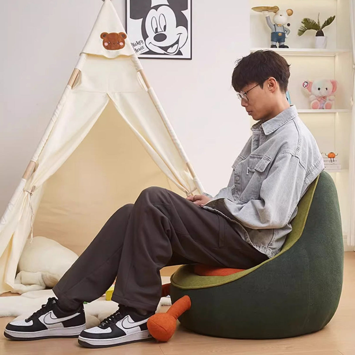 Contemporary Kids' Accent Chair — Avocado- and Penguin-Shaped, Lambswool Upholstery, Armless Backrest for Living Room