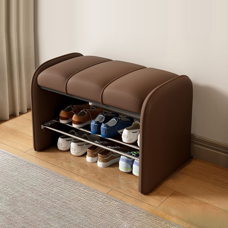 Modern Minimalist Rectangular Iron Shoe Bench with Faux Leather Upholstery, Foam Cushioned Seat on Composite Board, Backless & Armless for Entryways