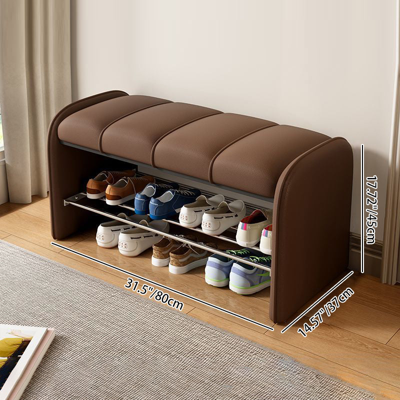 Modern Minimalist Rectangular Iron Shoe Bench with Faux Leather Upholstery, Foam Cushioned Seat on Composite Board, Backless & Armless for Entryways