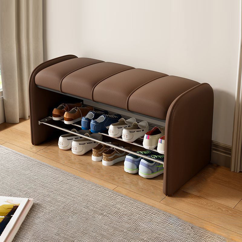 Modern Minimalist Rectangular Iron Shoe Bench with Faux Leather Upholstery, Foam Cushioned Seat on Composite Board, Backless & Armless for Entryways