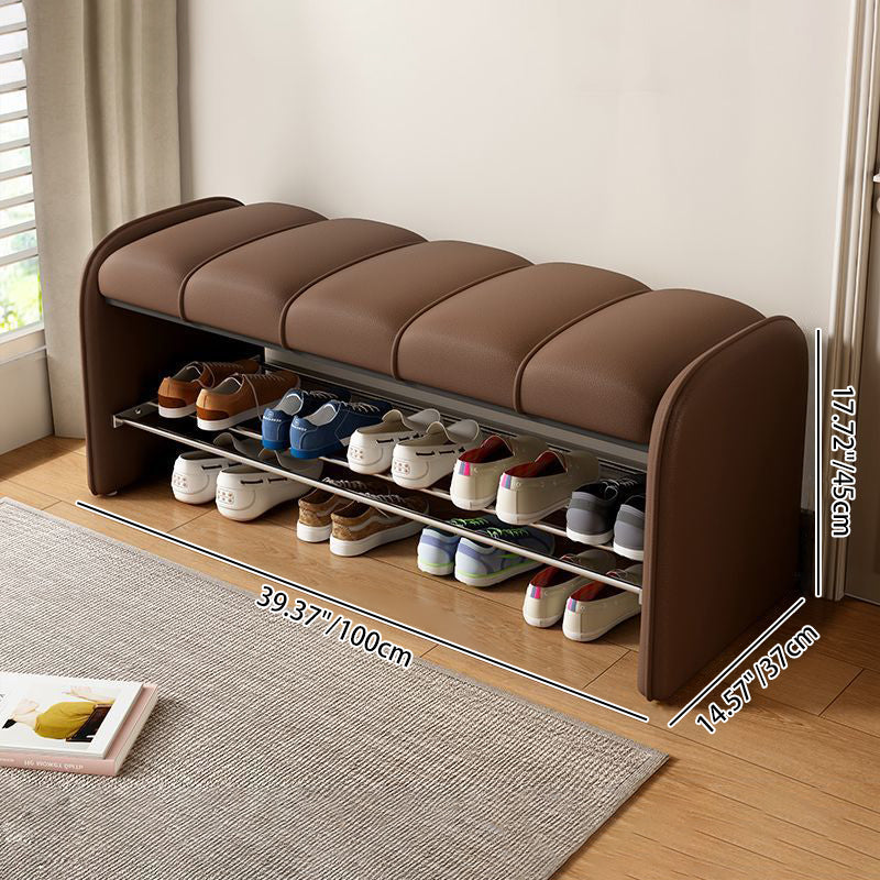 Modern Minimalist Rectangular Iron Shoe Bench with Faux Leather Upholstery, Foam Cushioned Seat on Composite Board, Backless & Armless for Entryways