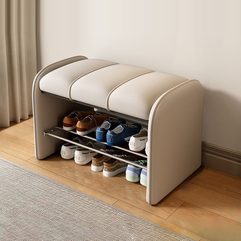 Modern Minimalist Rectangular Iron Shoe Bench with Faux Leather Upholstery, Foam Cushioned Seat on Composite Board, Backless & Armless for Entryways