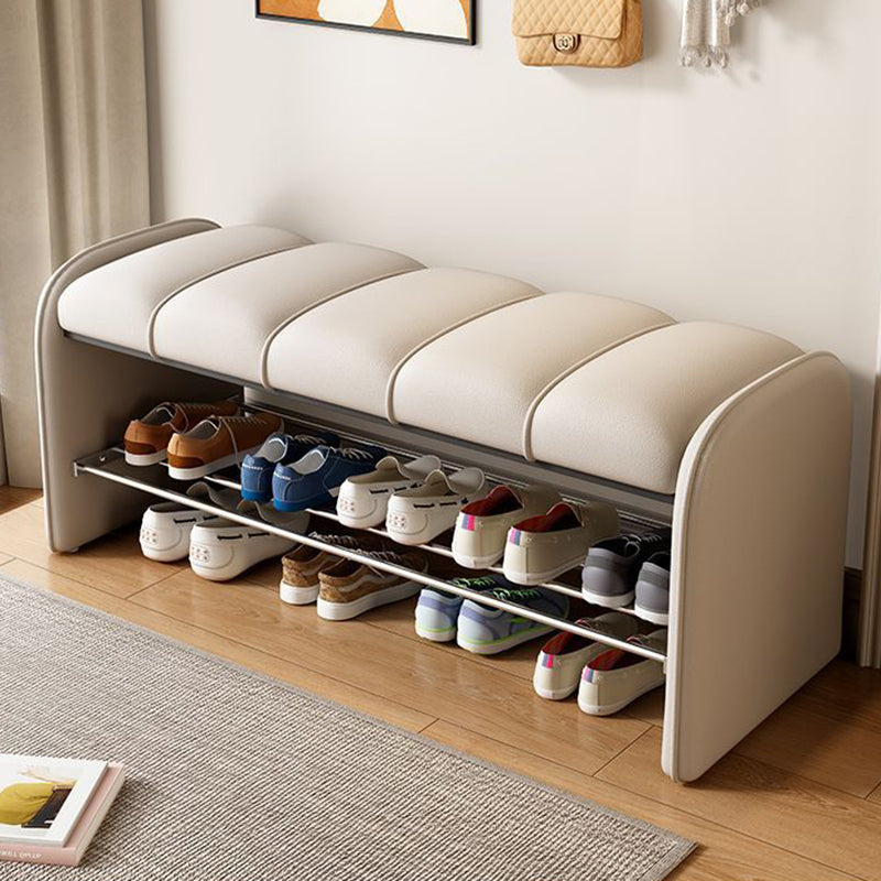 Modern Minimalist Rectangular Iron Shoe Bench with Faux Leather Upholstery, Foam Cushioned Seat on Composite Board, Backless & Armless for Entryways