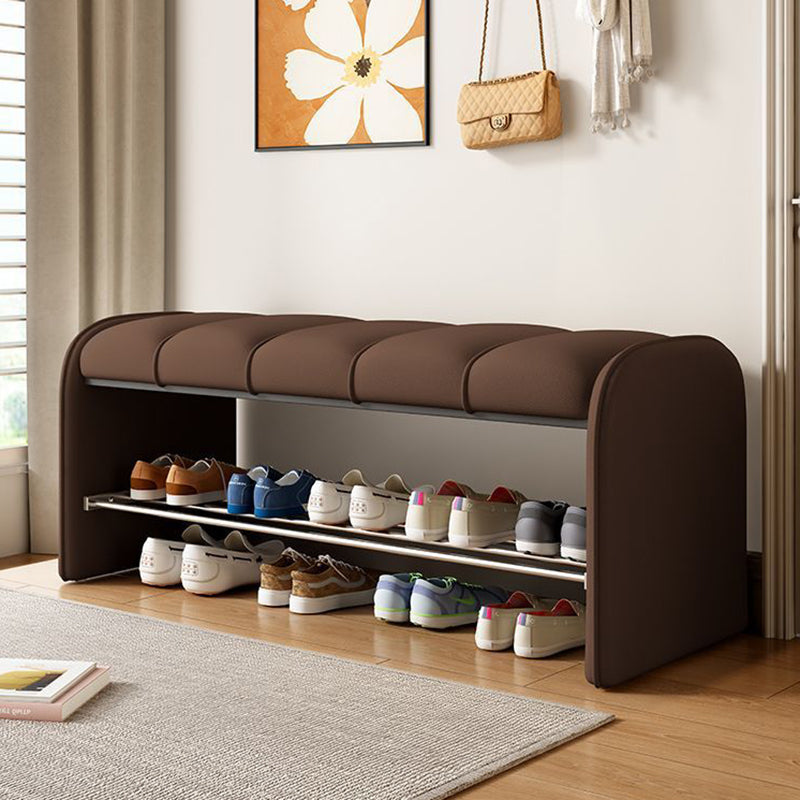 Modern Minimalist Rectangular Iron Shoe Bench with Faux Leather Upholstery, Foam Cushioned Seat on Composite Board, Backless & Armless for Entryways
