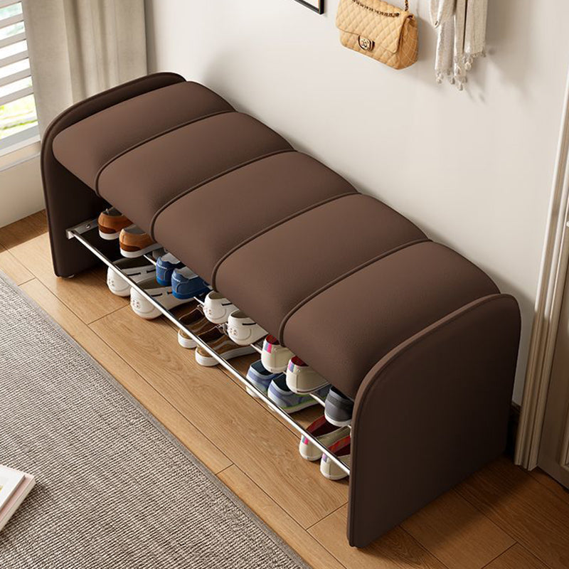 Modern Minimalist Rectangular Iron Shoe Bench with Faux Leather Upholstery, Foam Cushioned Seat on Composite Board, Backless & Armless for Entryways
