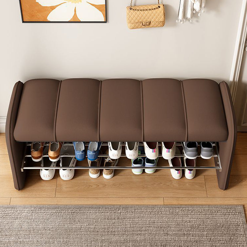 Modern Minimalist Rectangular Iron Shoe Bench with Faux Leather Upholstery, Foam Cushioned Seat on Composite Board, Backless & Armless for Entryways