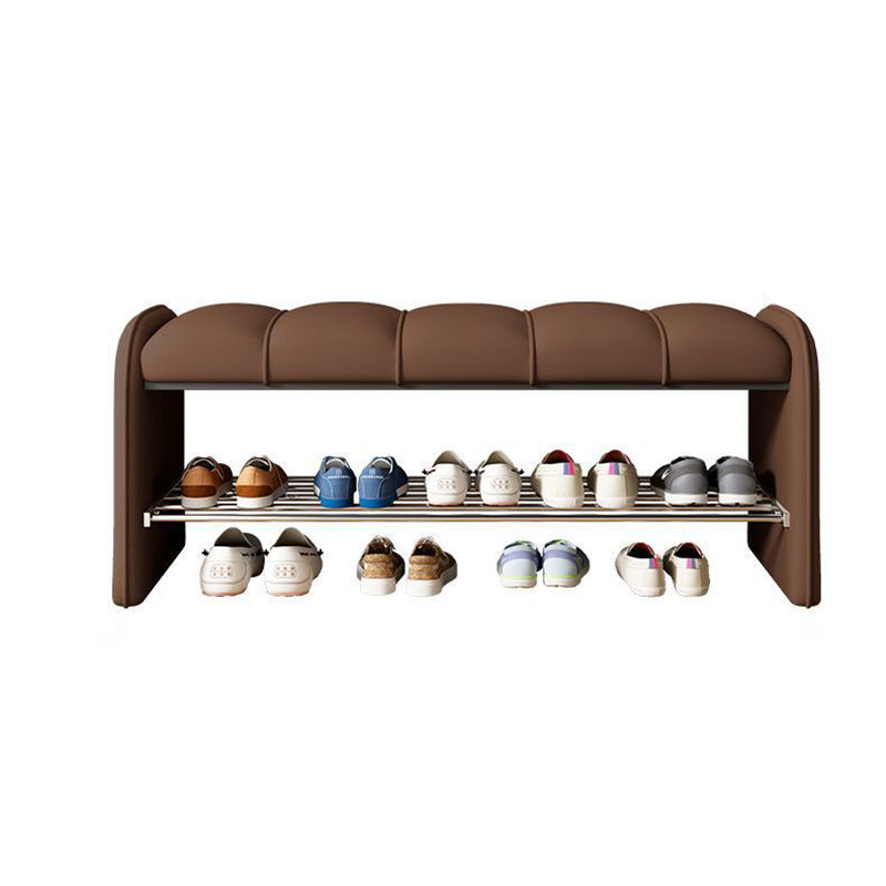 Modern Minimalist Rectangular Iron Shoe Bench with Faux Leather Upholstery, Foam Cushioned Seat on Composite Board, Backless & Armless for Entryways