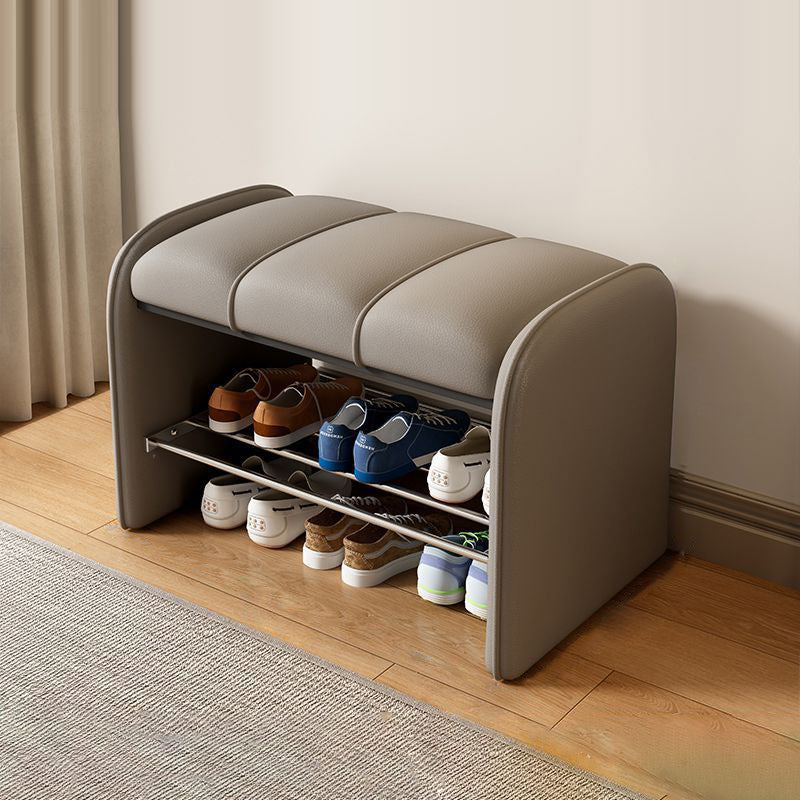 Modern Minimalist Rectangular Iron Shoe Bench with Faux Leather Upholstery, Foam Cushioned Seat on Composite Board, Backless & Armless for Entryways