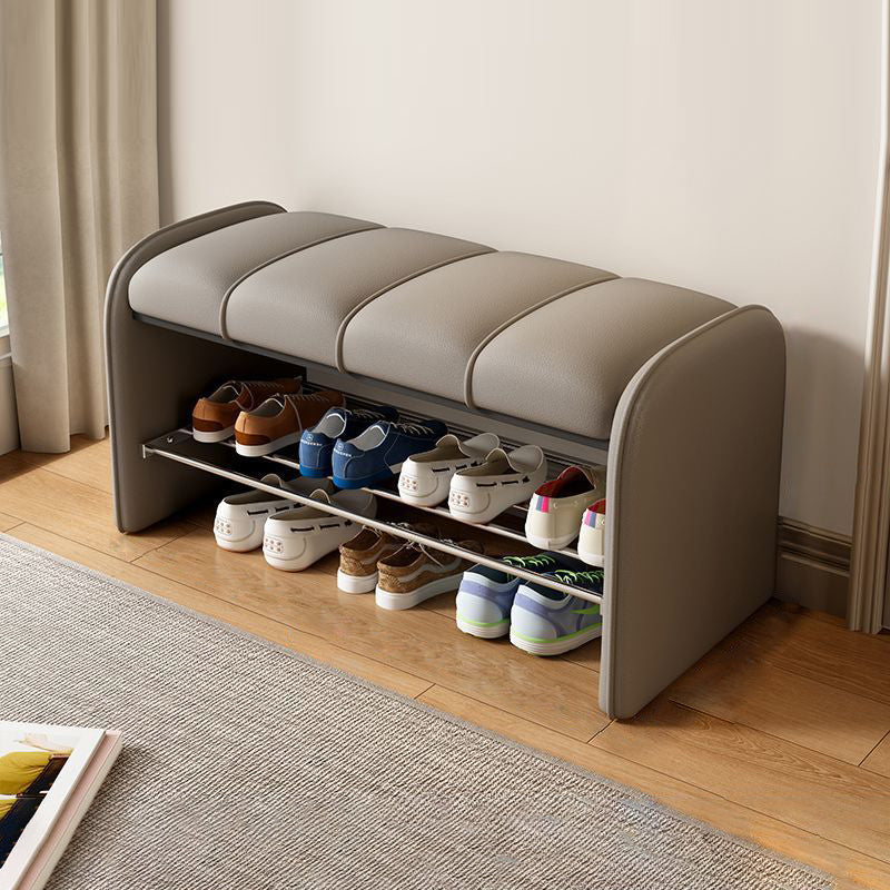 Modern Minimalist Rectangular Iron Shoe Bench with Faux Leather Upholstery, Foam Cushioned Seat on Composite Board, Backless & Armless for Entryways