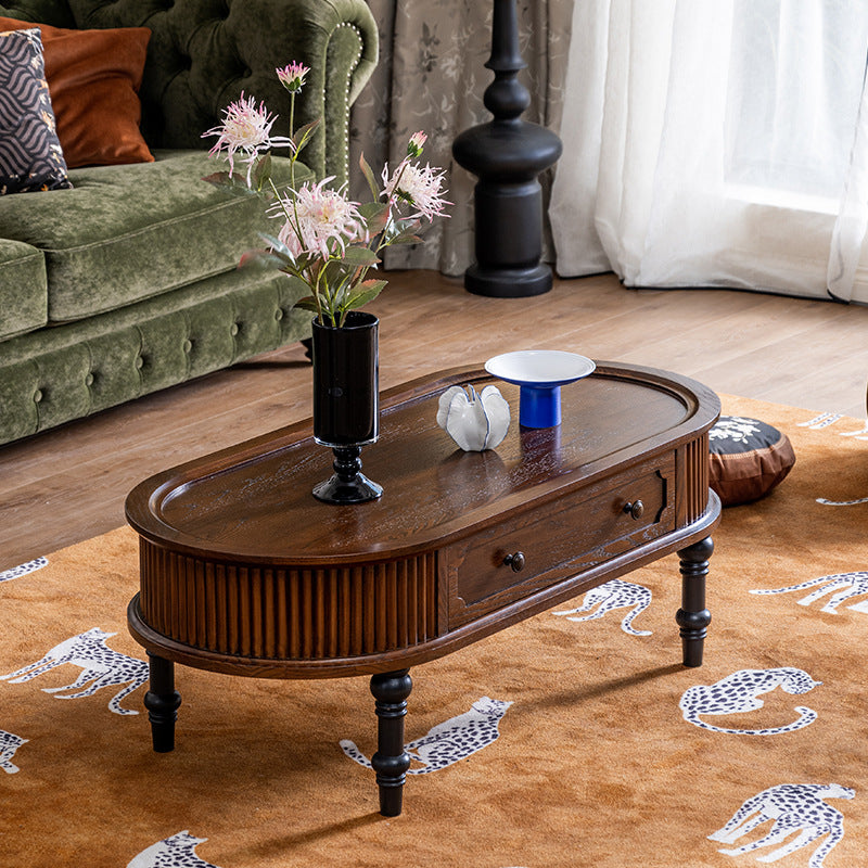 Traditional French Rectangle Solid Pine Wood Coffee Table with 2 Drawers for Living Room