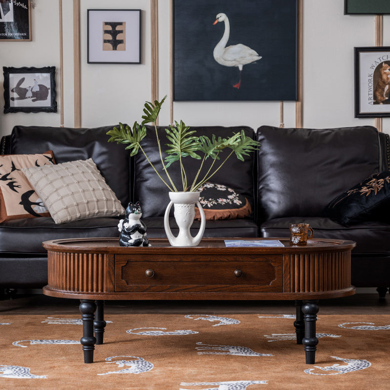 Traditional French Rectangle Solid Pine Wood Coffee Table with 2 Drawers for Living Room