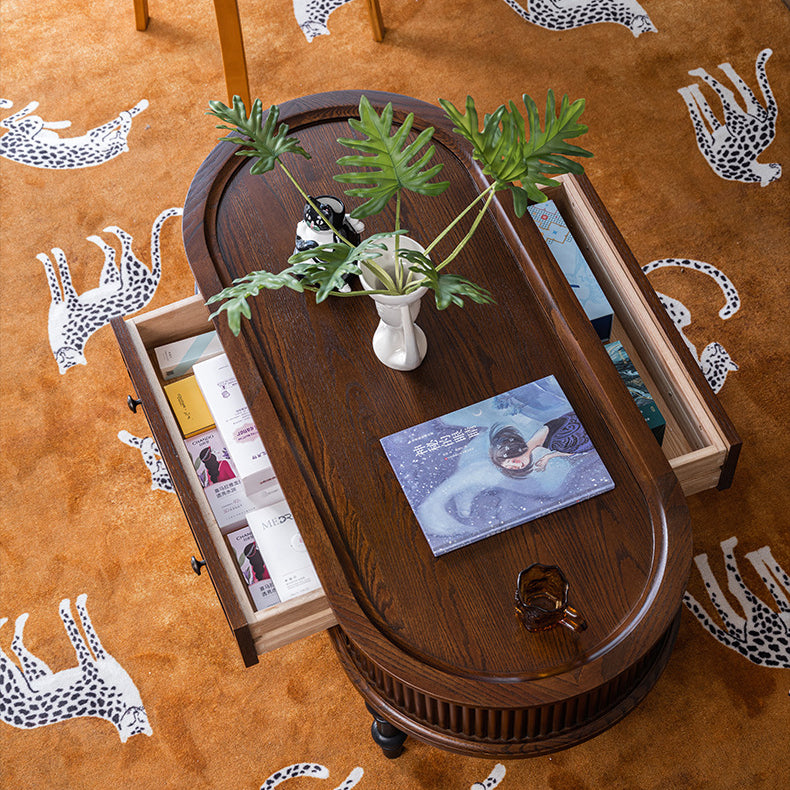 Traditional French Rectangle Solid Pine Wood Coffee Table with 2 Drawers for Living Room