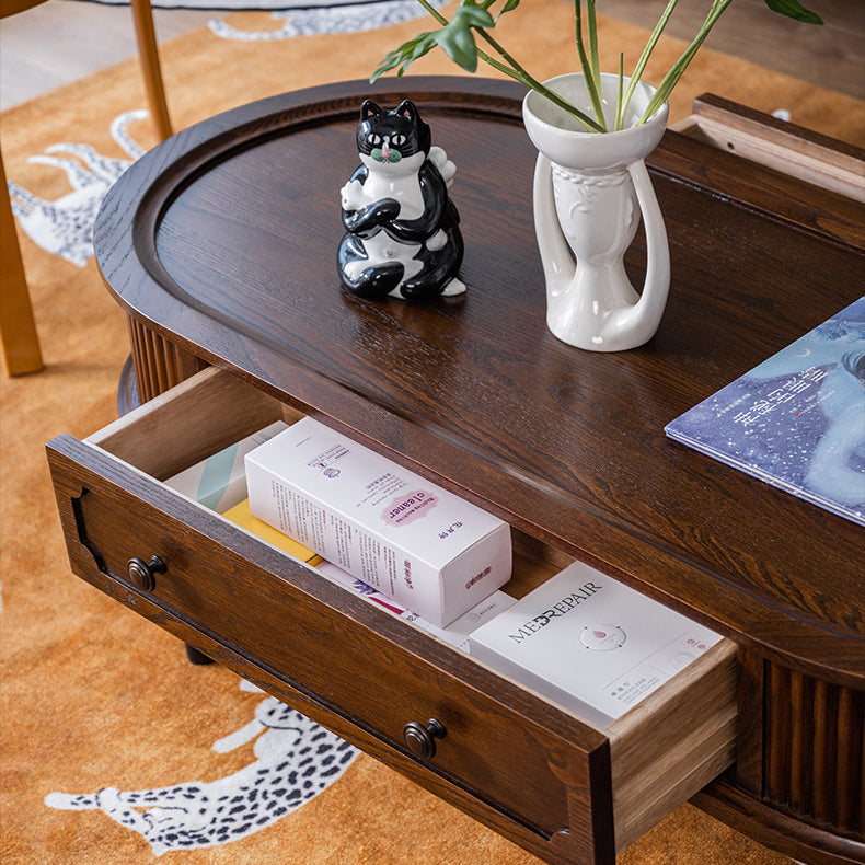 Traditional French Rectangle Solid Pine Wood Coffee Table with 2 Drawers for Living Room