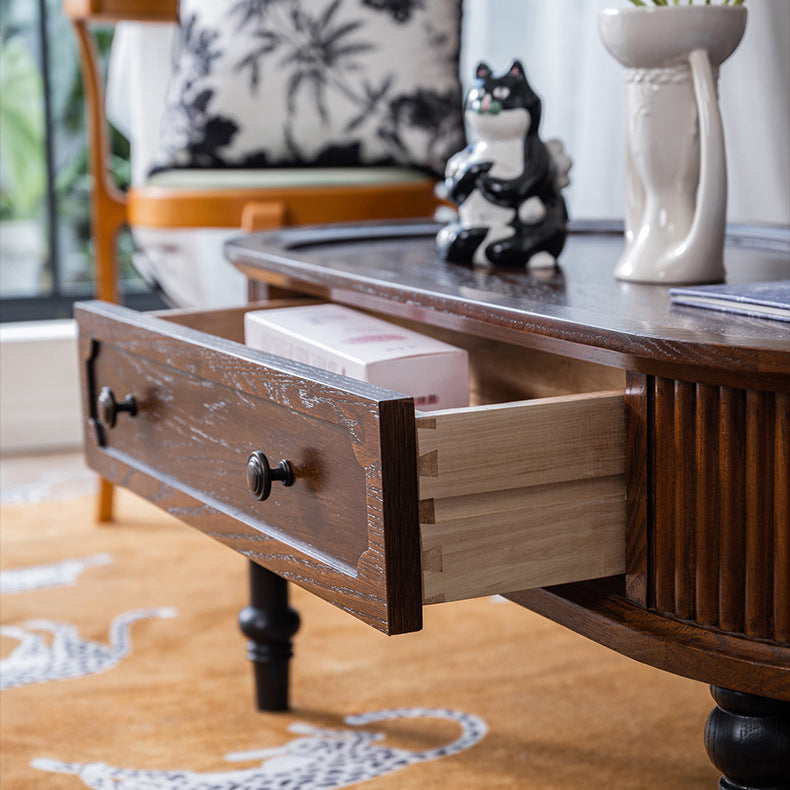 Traditional French Rectangle Solid Pine Wood Coffee Table with 2 Drawers for Living Room