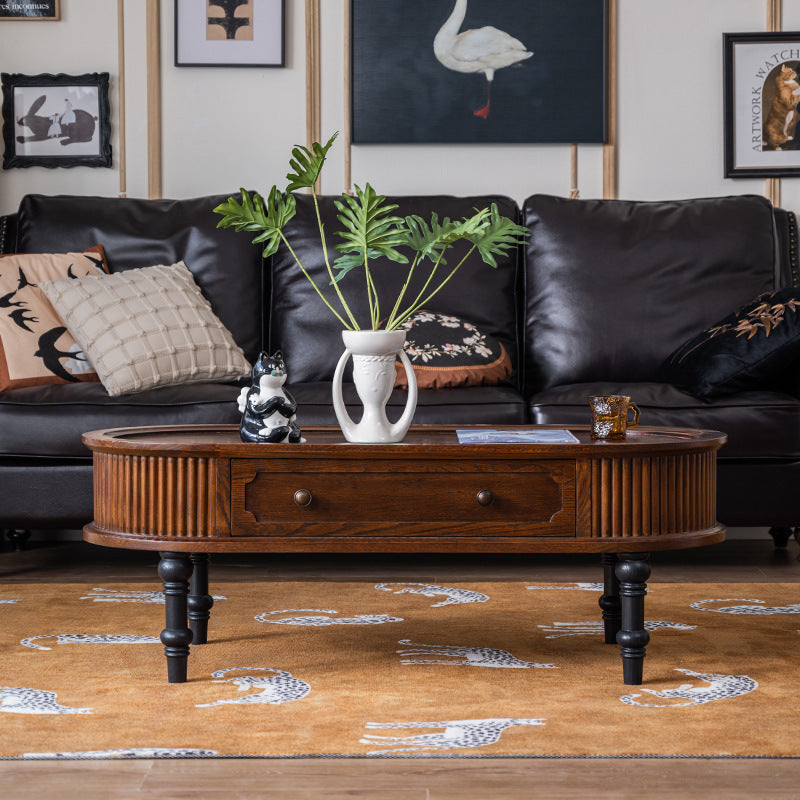 Traditional French Rectangle Solid Pine Wood Coffee Table with 2 Drawers for Living Room