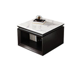 Modern Minimalist 2-Tier Square End Table with Marble, Solid Wood, Resin & Stainless Steel – Living Room