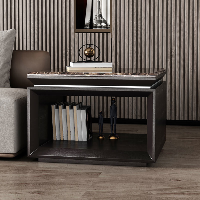 Modern Minimalist 2-Tier Square End Table with Marble, Solid Wood, Resin & Stainless Steel – Living Room