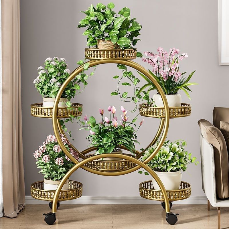 Modern Minimalist Round Ferris Wheel-Shaped Iron Display Rack, Movable with 4/6/8 Trays – Ideal Balcony Organizer