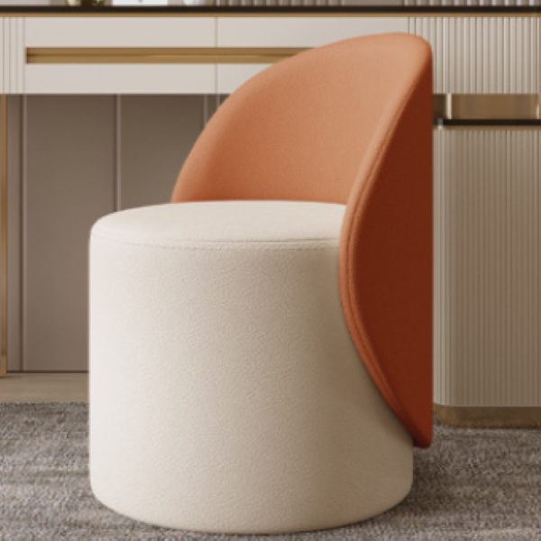 Nordic-Style Contemporary Vanity Stool in Faux Leather & Rubberwood — Cylindrical with Backrest and Swivel for Bedroom