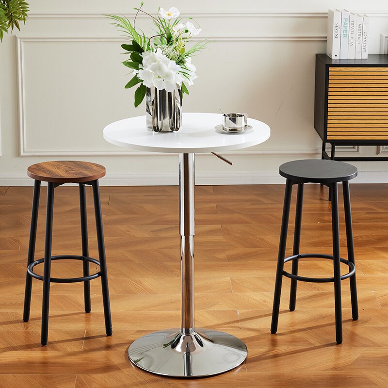 Sleek Modern Minimalist Wood & Iron Round Bar Stool with Footrest for Living Room & Dining Room
