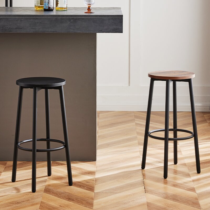 Sleek Modern Minimalist Wood & Iron Round Bar Stool with Footrest for Living Room & Dining Room