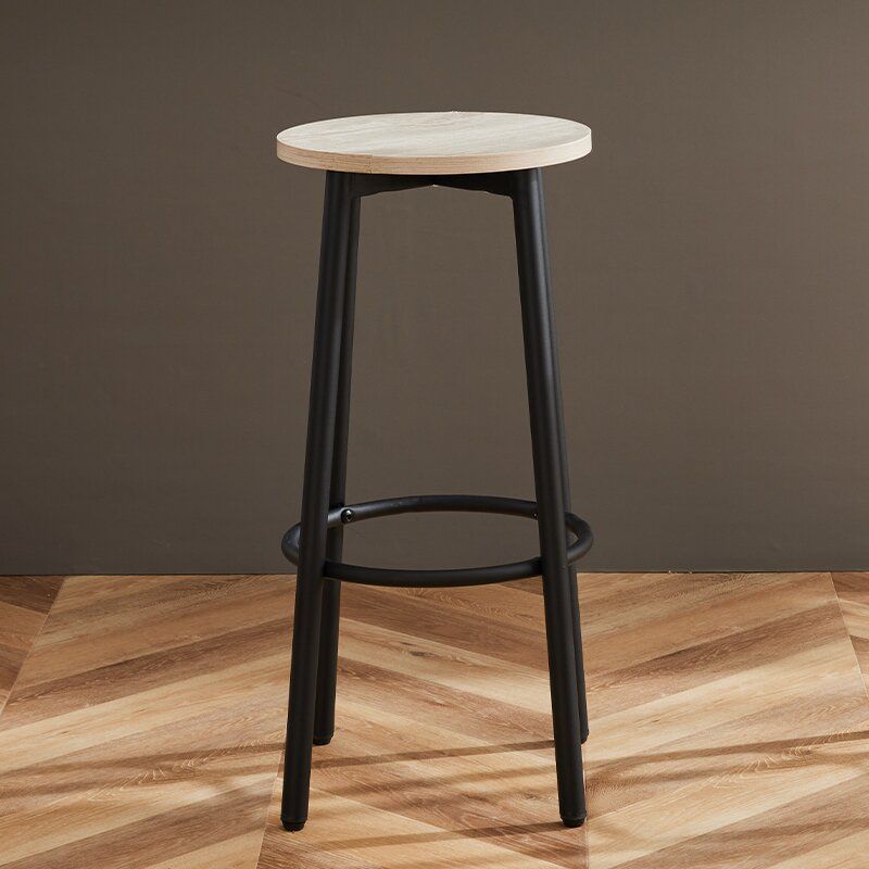 Sleek Modern Minimalist Wood & Iron Round Bar Stool with Footrest for Living Room & Dining Room