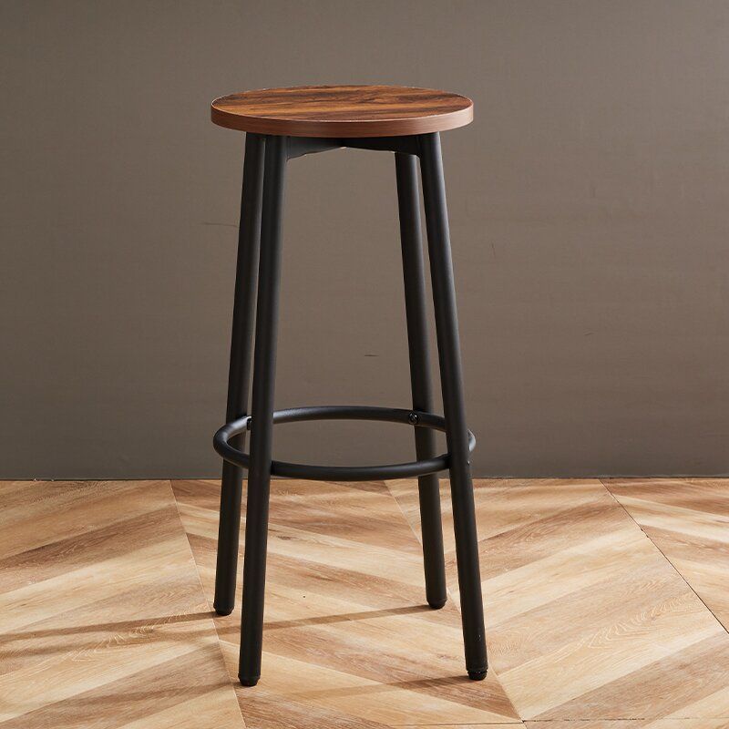 Sleek Modern Minimalist Wood & Iron Round Bar Stool with Footrest for Living Room & Dining Room