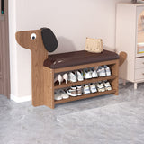 Contemporary Faux Oil-Waxed Leather & Bamboo Dog-Shaped Rectangular Shoe Bench with Half-Tier Storage — Modern Living Room Organizer