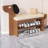 Contemporary Faux Oil-Waxed Leather & Bamboo Dog-Shaped Rectangular Shoe Bench with Half-Tier Storage — Modern Living Room Organizer