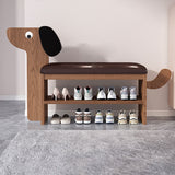 Contemporary Faux Oil-Waxed Leather & Bamboo Dog-Shaped Rectangular Shoe Bench with Half-Tier Storage — Modern Living Room Organizer