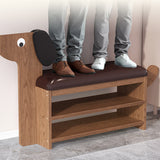 Contemporary Faux Oil-Waxed Leather & Bamboo Dog-Shaped Rectangular Shoe Bench with Half-Tier Storage — Modern Living Room Organizer