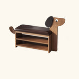 Contemporary Faux Oil-Waxed Leather & Bamboo Dog-Shaped Rectangular Shoe Bench with Half-Tier Storage — Modern Living Room Organizer