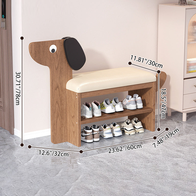 Contemporary Faux Oil-Waxed Leather & Bamboo Dog-Shaped Rectangular Shoe Bench with Half-Tier Storage — Modern Living Room Organizer